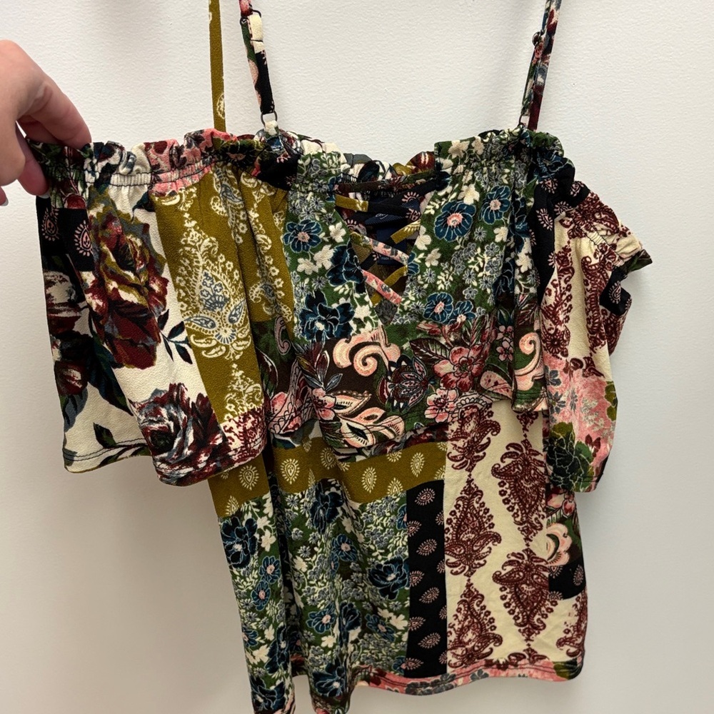 Daytrip Green Multi Patchwork Off-Shoulder Floral Blouse